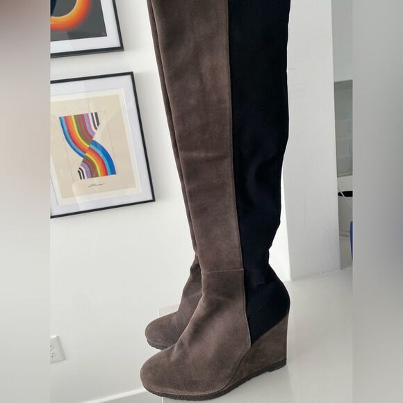 Stuart Weitzman Demiswoon Dark Gray Suede Over the Knee Wedge Boots - Picture 6 of 10